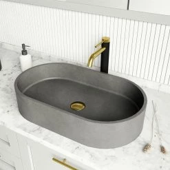 VIGO Concreto Stone 24 in. Concrete Oval Vessel Bathroom Sink in Gray with Lexington Faucet and Pop-Up Drain in Matte Gold -Bathroom Sinks Sales ash vigo vessel sinks vgt2027 77 1000