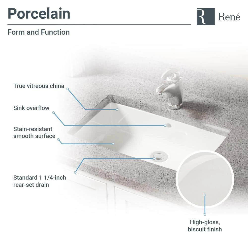 Rene Undermount Porcelain Bathroom Sink in Biscuit with Pop-Up Drain in Chrome 6 Rene Undermount Porcelain Bathroom Sink in Biscuit with Pop-Up Drain in Chrome - Image 4