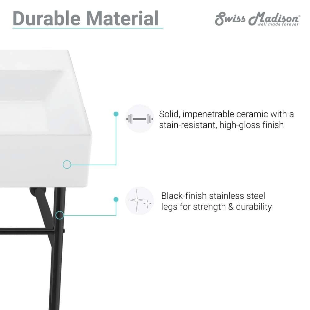 Swiss Madison Carre 36 in. Ceramic Console Sink White Basin Black Legs 15 Swiss Madison Carre 36 in. Ceramic Console Sink White Basin Black Legs - Image 13