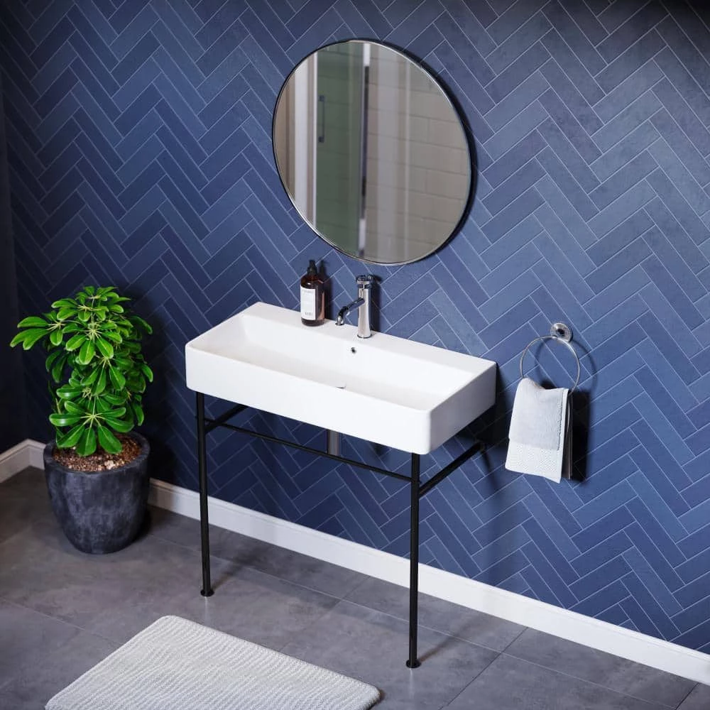 Swiss Madison Carre 36 in. Ceramic Console Sink White Basin Black Legs 8 Swiss Madison Carre 36 in. Ceramic Console Sink White Basin Black Legs - Image 6