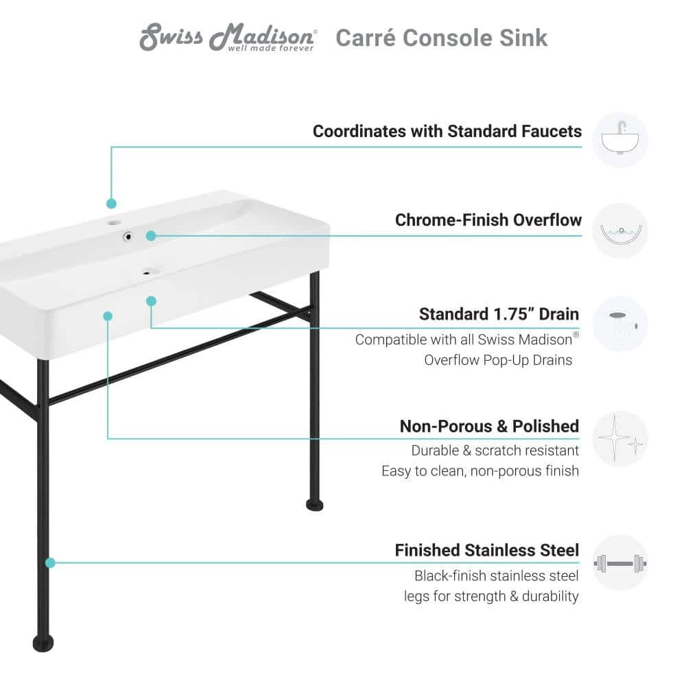 Swiss Madison Carre 36 in. Ceramic Console Sink White Basin Black Legs 9 Swiss Madison Carre 36 in. Ceramic Console Sink White Basin Black Legs - Image 7