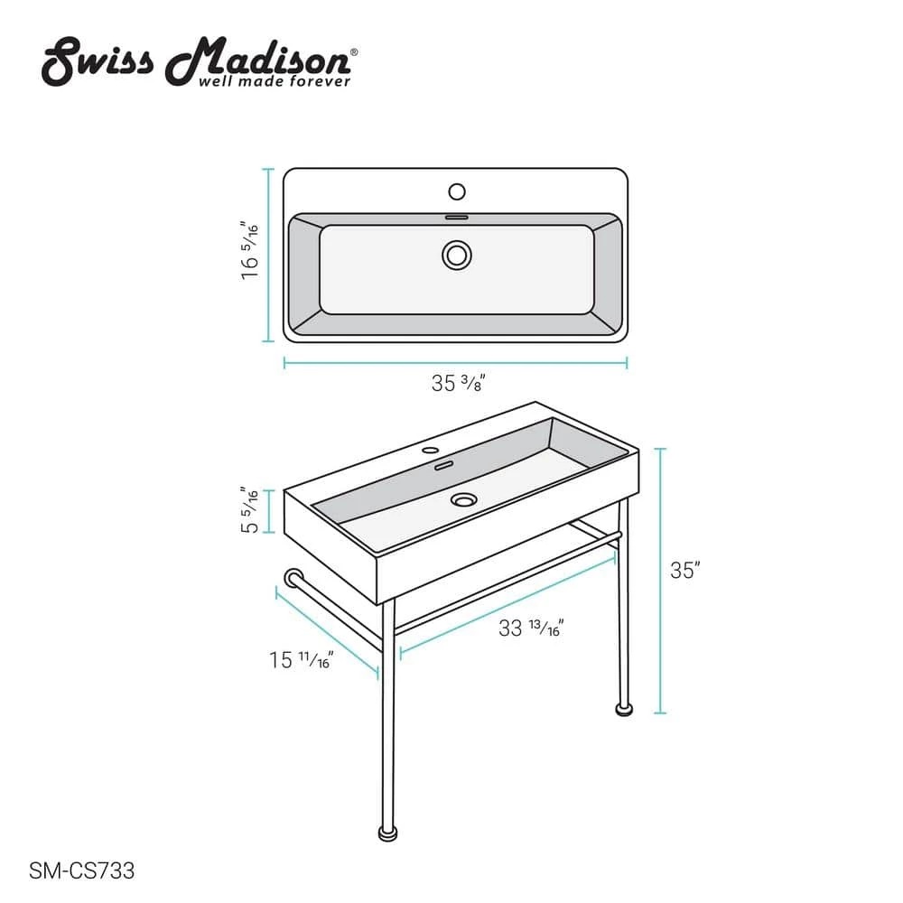 Swiss Madison Carre 36 in. Ceramic Console Sink White Basin Black Legs 14 Swiss Madison Carre 36 in. Ceramic Console Sink White Basin Black Legs - Image 12