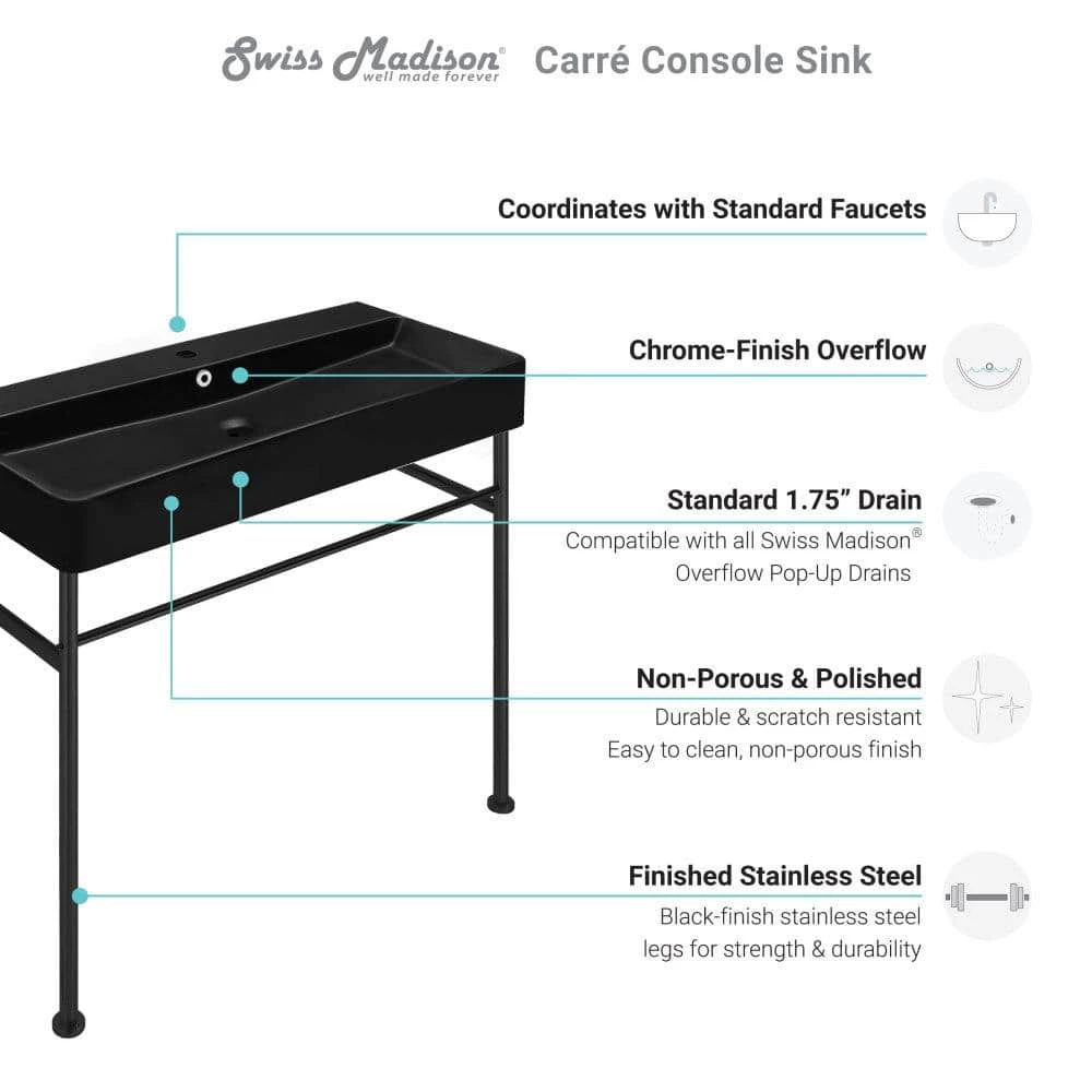 Swiss Madison Carre 36 in. Ceramic Console Sink in Matte Black Basin Black Legs 9 Swiss Madison Carre 36 in. Ceramic Console Sink in Matte Black Basin Black Legs - Image 7