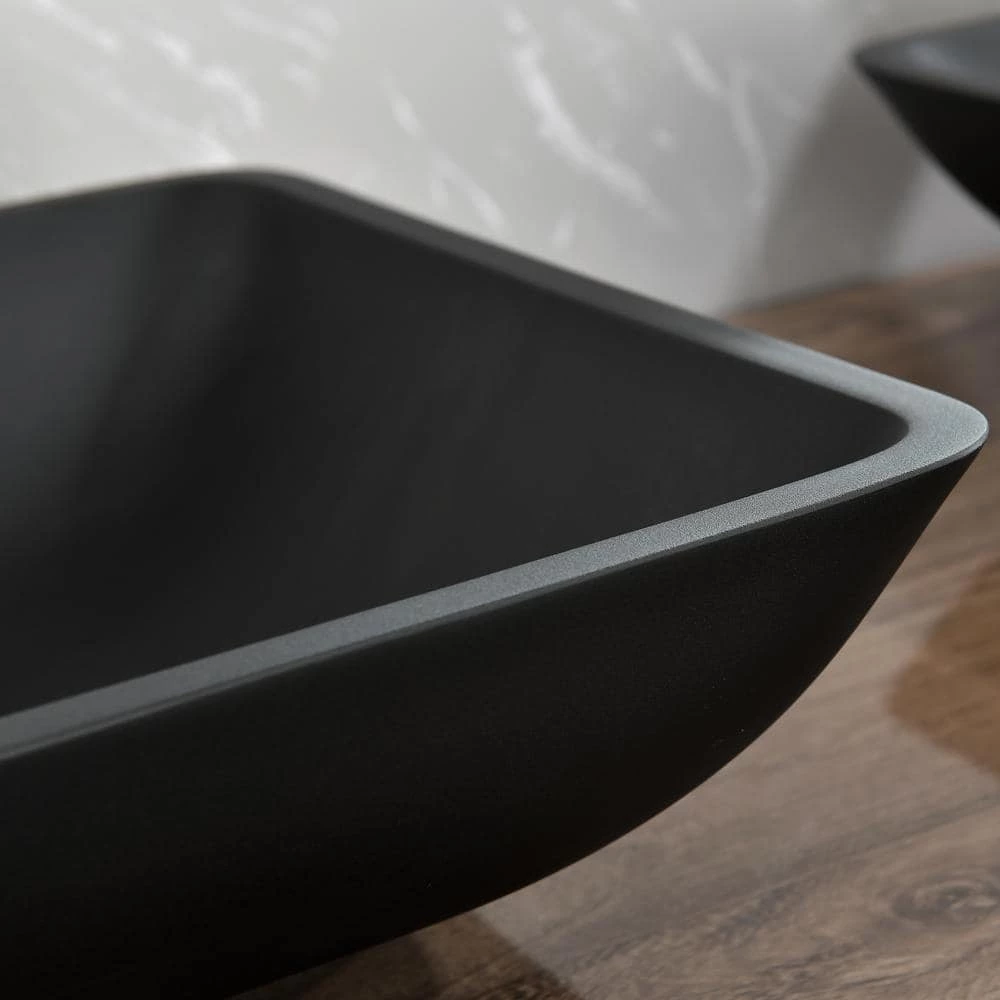 Tunuo Glass Rectangular Vessel Bathroom Sink in Black Set with Black Faucet and Pop-Up Drain in Black 7 Tunuo Glass Rectangular Vessel Bathroom Sink in Black Set with Black Faucet and Pop-Up Drain in Black - Image 5