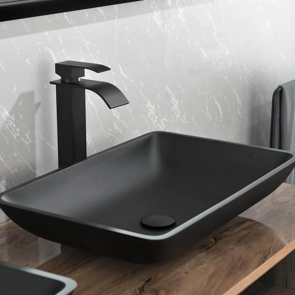 Tunuo Glass Rectangular Vessel Bathroom Sink in Black Set with Black Faucet and Pop-Up Drain in Black 3 Tunuo Glass Rectangular Vessel Bathroom Sink in Black Set with Black Faucet and Pop-Up Drain in Black