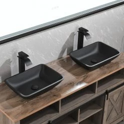 Tunuo Black Glass Rectangular Bathroom Vessel Sink with Black Faucet and Pop-Up Drain in Black -Bathroom Sinks Sales black vessel sinks sf mb02 1f 1000