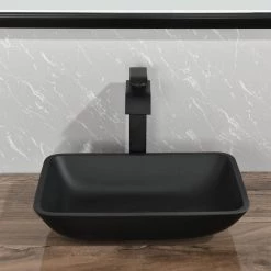 Tunuo Black Glass Rectangular Bathroom Vessel Sink with Black Faucet and Pop-Up Drain in Black