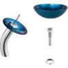 KRAUS Irruption Glass Vessel Sink in Blue with Single Hole Single-Handle Low-Arc Waterfall Faucet in Chrome -Bathroom Sinks Sales blue kraus vessel sinks c gv 204 12mm 10ch 64 1000