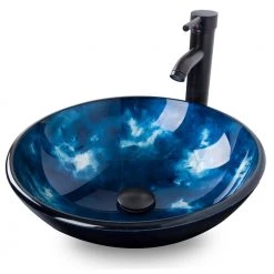 Puluomis Ocean Blue Glass Round Vessel Sink with Faucet Pop Up Drain Set