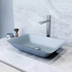 VIGO Matte Shell Sottile Glass Rectangular Vessel Bathroom Sink in Blue -Bathroom Sinks Sales blue vigo vessel sinks vg07116 4f 1000