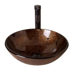 Flynama Solid Tempered Glass Round Bathroom Vessel Sink in Brown with Oil Rubbed Bronze Faucet and Chrome Pop-Up Drain -Bathroom Sinks Sales brown flynama vessel sinks usbr1001 4f 1000