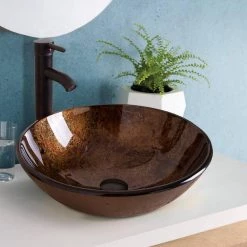 Flynama Solid Tempered Glass Round Bathroom Vessel Sink in Brown with Oil Rubbed Bronze Faucet and Chrome Pop-Up Drain -Bathroom Sinks Sales brown flynama vessel sinks usbr1001 c3 1000