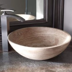 Novatto Stone Vessel Sink in Beige Travertine with Umbrella Drain in Brushed Nickel -Bathroom Sinks Sales brushed nickel novatto vessel sinks nosv btbn 31 1000