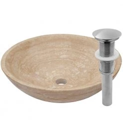 Novatto Stone Vessel Sink in Beige Travertine with Umbrella Drain in Brushed Nickel