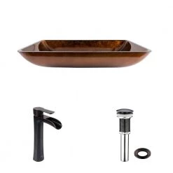 VIGO Glass Rectangular Vessel Bathroom Sink in Chocolate Brown with Niko Faucet and Pop-Up Drain in Antique Rubbed Bronze -Bathroom Sinks Sales chocolate vigo vessel sinks vgt1055 31 1000