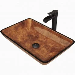 VIGO Glass Rectangular Vessel Bathroom Sink in Chocolate Brown with Niko Faucet and Pop-Up Drain in Antique Rubbed Bronze -Bathroom Sinks Sales chocolate vigo vessel sinks vgt1055 40 1000