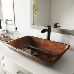VIGO Glass Rectangular Vessel Bathroom Sink in Chocolate Brown with Niko Faucet and Pop-Up Drain in Antique Rubbed Bronze