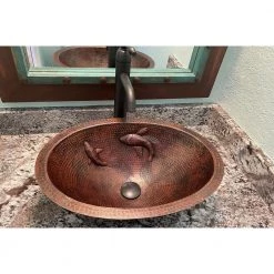 Premier Copper Products 19 in. Oval Under Counter Hammered Copper Bathroom Sink with Koi Fish Design in Copper