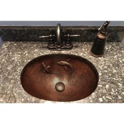 Premier Copper Products 19 in. Oval Under Counter Hammered Copper Bathroom Sink with Koi Fish Design in Copper -Bathroom Sinks Sales copper premier copper products drop in bathroom sinks lo19fkoidb 76 1000