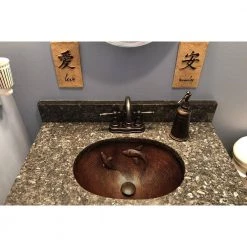 Premier Copper Products 19 in. Oval Under Counter Hammered Copper Bathroom Sink with Koi Fish Design in Copper -Bathroom Sinks Sales copper premier copper products drop in bathroom sinks lo19fkoidb fa 1000