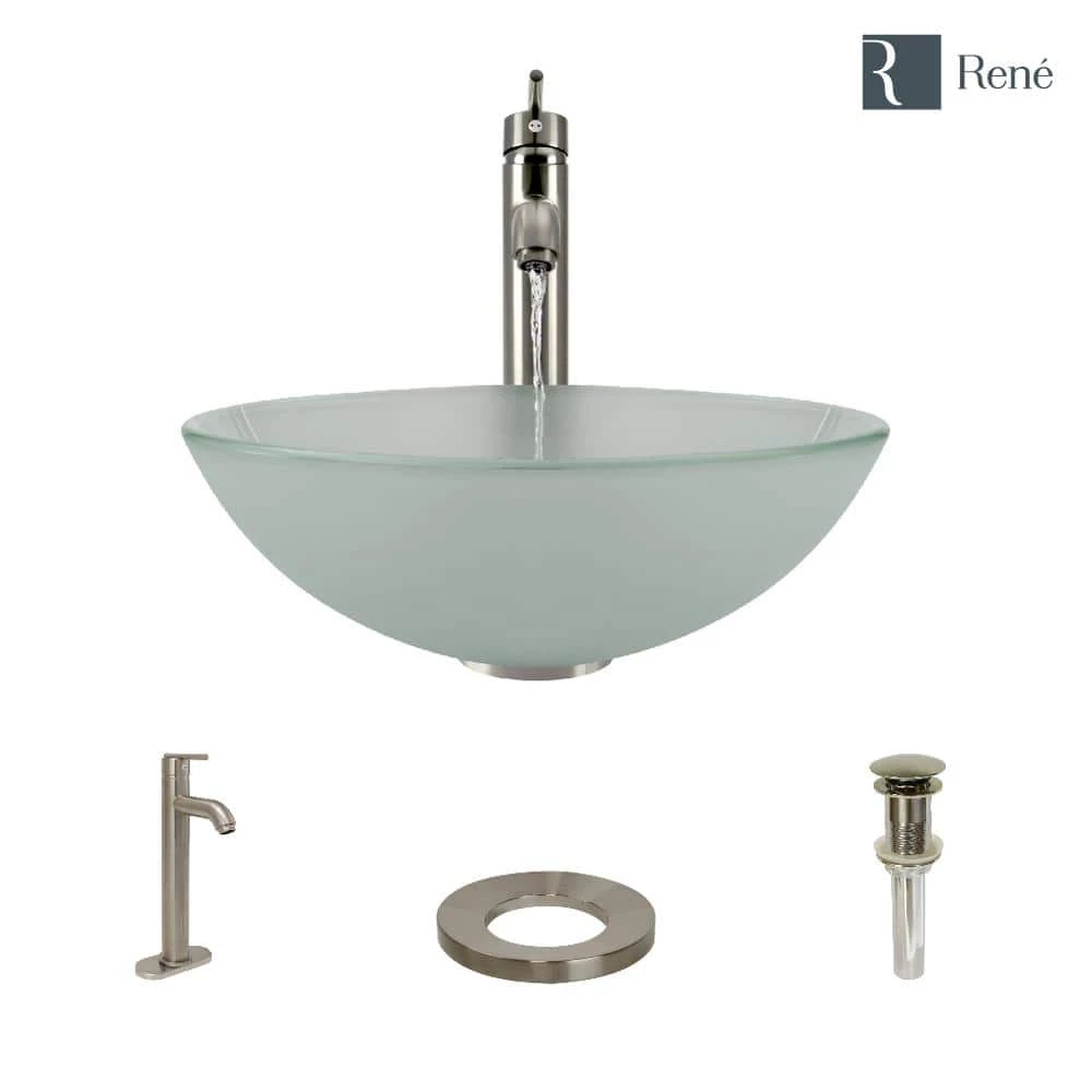 Rene Glass Vessel Sink in Frosted with R9-7001 Faucet and Pop-Up Drain in Brushed Nickel 5 Rene Glass Vessel Sink in Frosted with R9-7001 Faucet and Pop-Up Drain in Brushed Nickel - Image 3