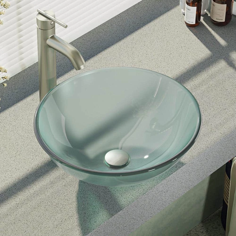 Rene Glass Vessel Sink in Frosted with R9-7001 Faucet and Pop-Up Drain in Brushed Nickel 3 Rene Glass Vessel Sink in Frosted with R9-7001 Faucet and Pop-Up Drain in Brushed Nickel