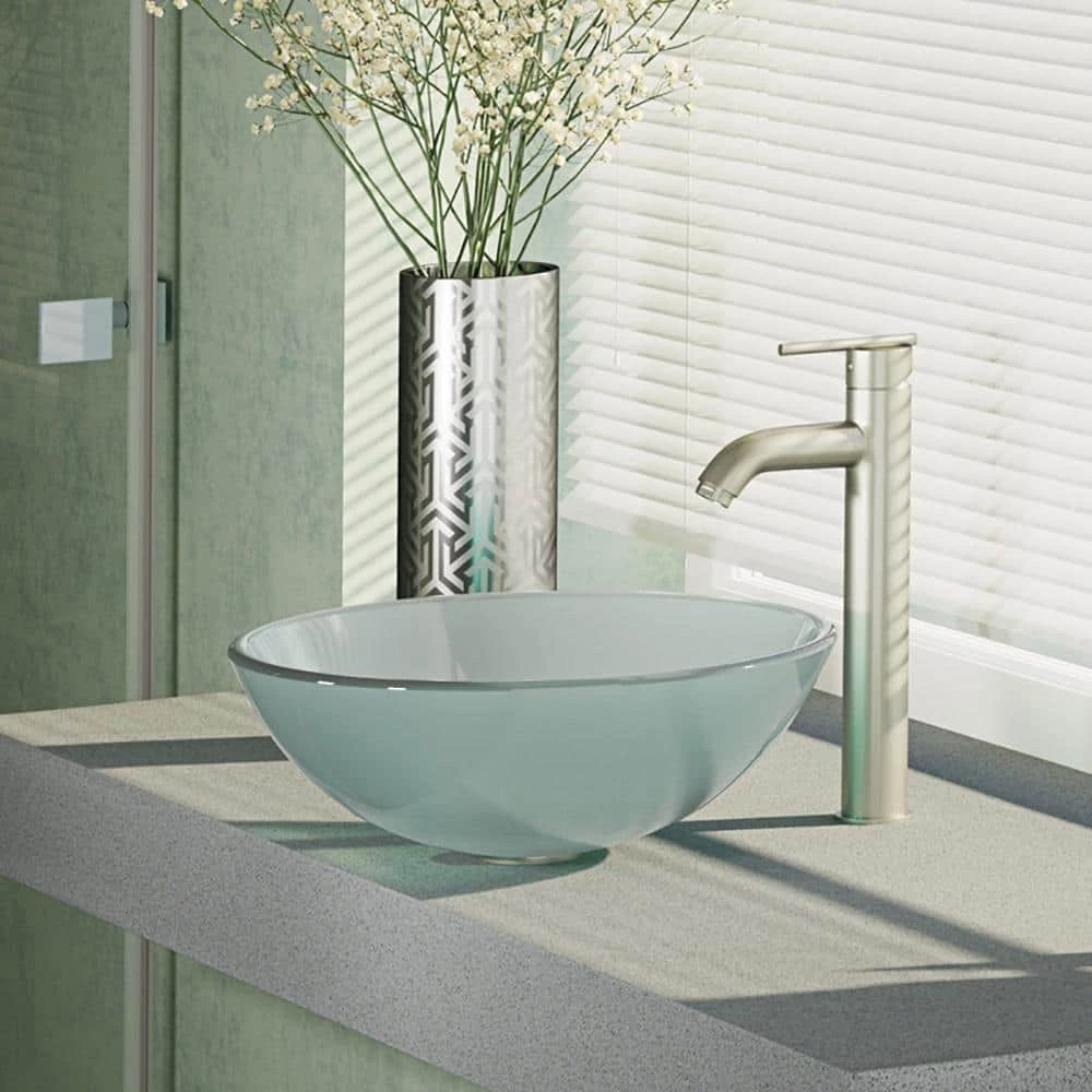 Rene Glass Vessel Sink in Frosted with R9-7001 Faucet and Pop-Up Drain in Brushed Nickel 4 Rene Glass Vessel Sink in Frosted with R9-7001 Faucet and Pop-Up Drain in Brushed Nickel - Image 2