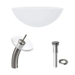 VIGO Glass Round Vessel Bathroom Sink in Frosted White with Waterfall Faucet and Pop-Up Drain in Brushed Nickel -Bathroom Sinks Sales frosted vigo vessel sinks vgt036bnrnd a0 1000