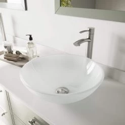 VIGO Glass Round Vessel Bathroom Sink in Frosted White with Milo Faucet and Pop-Up Drain in Brushed Nickel