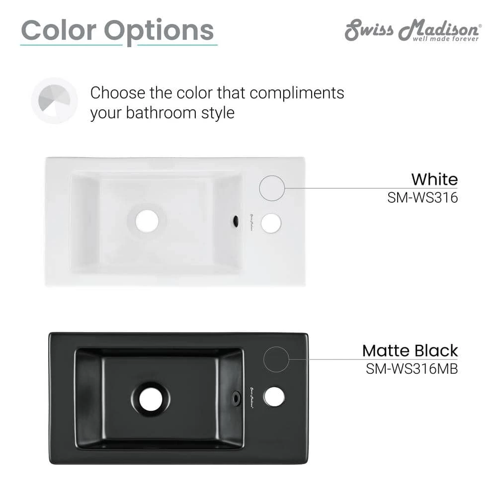 Swiss Madison Voltaire 19.5 in. x 10 in. Rectangular Ceramic Wall Hung Vessel Sink with Right Side Faucet Mount in White 12 Swiss Madison Voltaire 19.5 in. x 10 in. Rectangular Ceramic Wall Hung Vessel Sink with Right Side Faucet Mount in White - Image 10