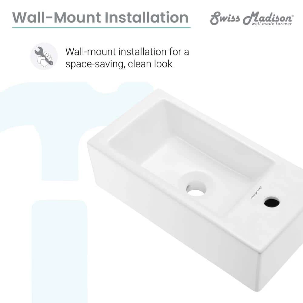 Swiss Madison Voltaire 19.5 in. x 10 in. Rectangular Ceramic Wall Hung Vessel Sink with Right Side Faucet Mount in White 8 Swiss Madison Voltaire 19.5 in. x 10 in. Rectangular Ceramic Wall Hung Vessel Sink with Right Side Faucet Mount in White - Image 6
