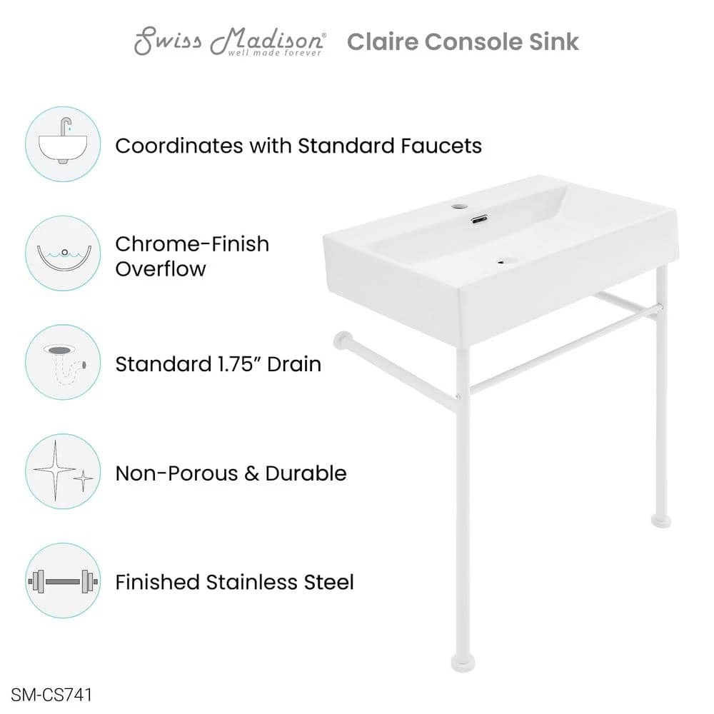 Swiss Madison Claire 24 in. Ceramic Console Sink Basin and Legs Combo in Glossy White Basin with Matte White Legs 12 Swiss Madison Claire 24 in. Ceramic Console Sink Basin and Legs Combo in Glossy White Basin with Matte White Legs - Image 10