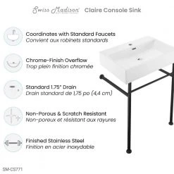 Swiss Madison Claire 24 in. Console Sink White Basin Black Legs 22 Swiss Madison Claire 24 in. Console Sink White Basin Black Legs -Bathroom Sinks Sales glossy white swiss madison console sinks sm cs771 77 1000