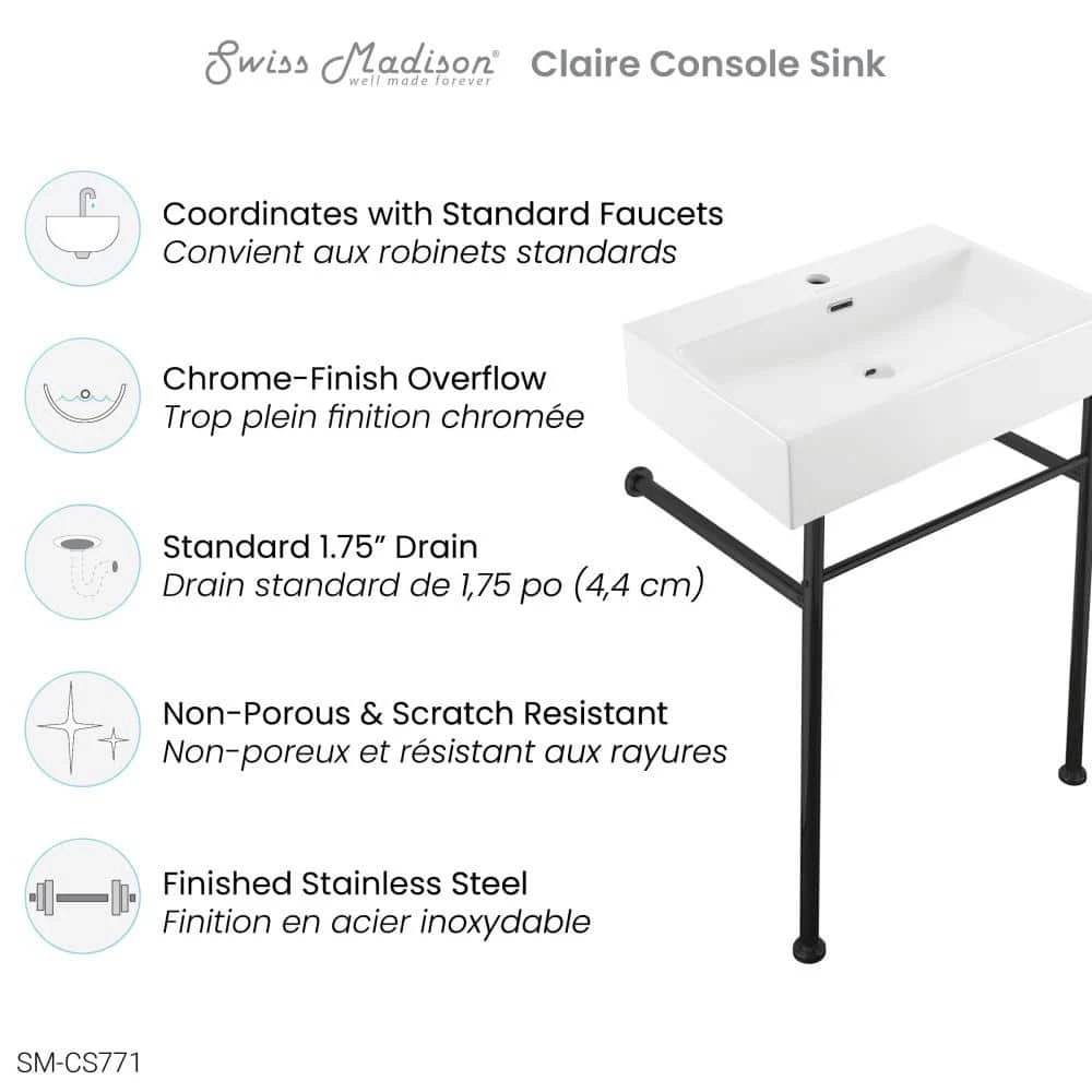 Swiss Madison Claire 24 in. Console Sink White Basin Black Legs 8 Swiss Madison Claire 24 in. Console Sink White Basin Black Legs - Image 7
