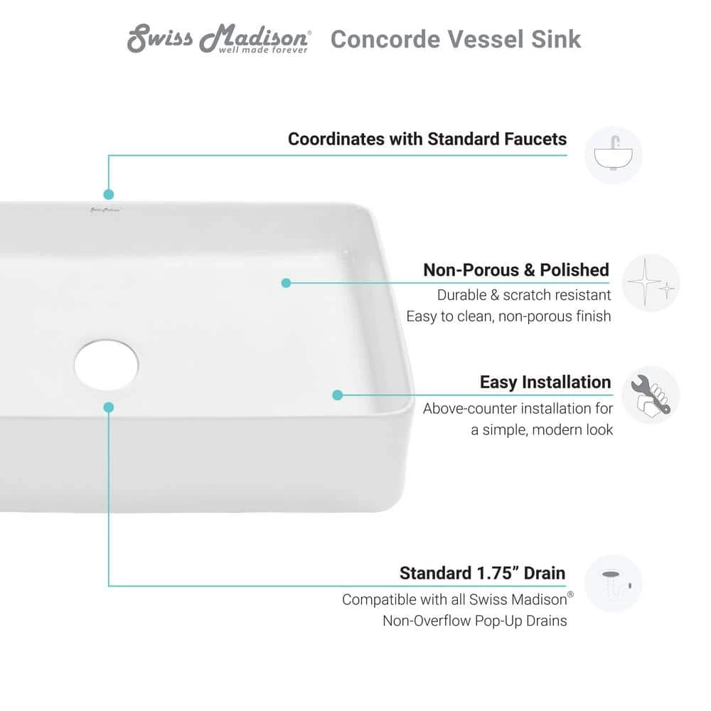 Swiss Madison Concorde 24 in. Rectangle Ceramic Vessel Sink 10 Swiss Madison Concorde 24 in. Rectangle Ceramic Vessel Sink - Image 8