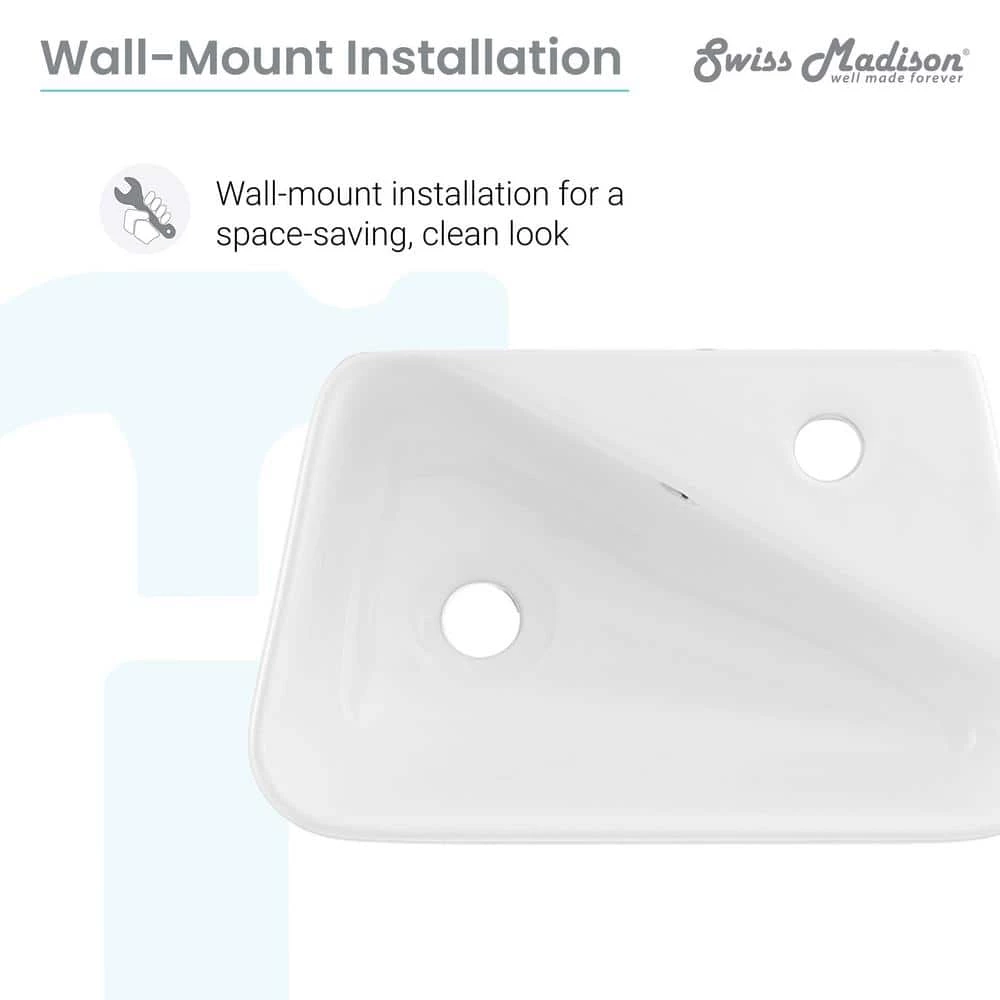 Swiss Madison Plaisir 18 in. x 11 in. Ceramic Wall Hung Vessel Sink with Right Side Faucet Mount in White 7 Swiss Madison Plaisir 18 in. x 11 in. Ceramic Wall Hung Vessel Sink with Right Side Faucet Mount in White - Image 5