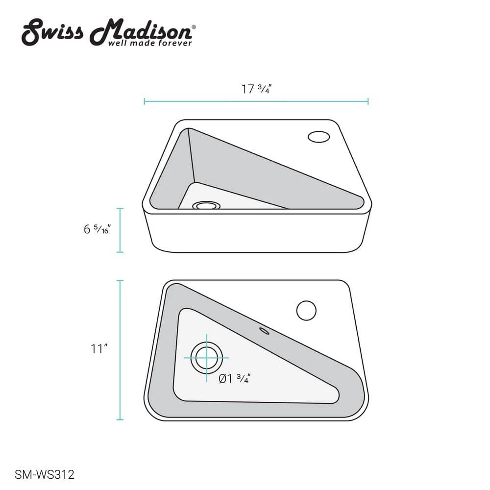 Swiss Madison Plaisir 18 in. x 11 in. Ceramic Wall Hung Vessel Sink with Right Side Faucet Mount in White 12 Swiss Madison Plaisir 18 in. x 11 in. Ceramic Wall Hung Vessel Sink with Right Side Faucet Mount in White - Image 10