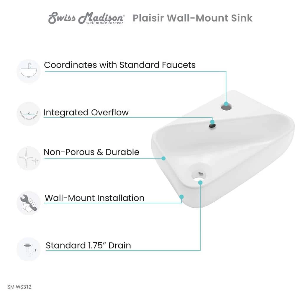 Swiss Madison Plaisir 18 in. x 11 in. Ceramic Wall Hung Vessel Sink with Right Side Faucet Mount in White 6 Swiss Madison Plaisir 18 in. x 11 in. Ceramic Wall Hung Vessel Sink with Right Side Faucet Mount in White - Image 4