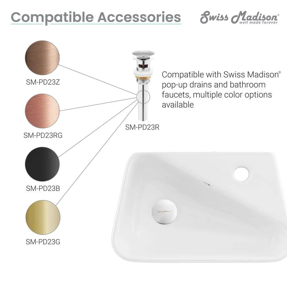 Swiss Madison Plaisir 18 in. x 11 in. Ceramic Wall Hung Vessel Sink with Right Side Faucet Mount in White 10 Swiss Madison Plaisir 18 in. x 11 in. Ceramic Wall Hung Vessel Sink with Right Side Faucet Mount in White - Image 8