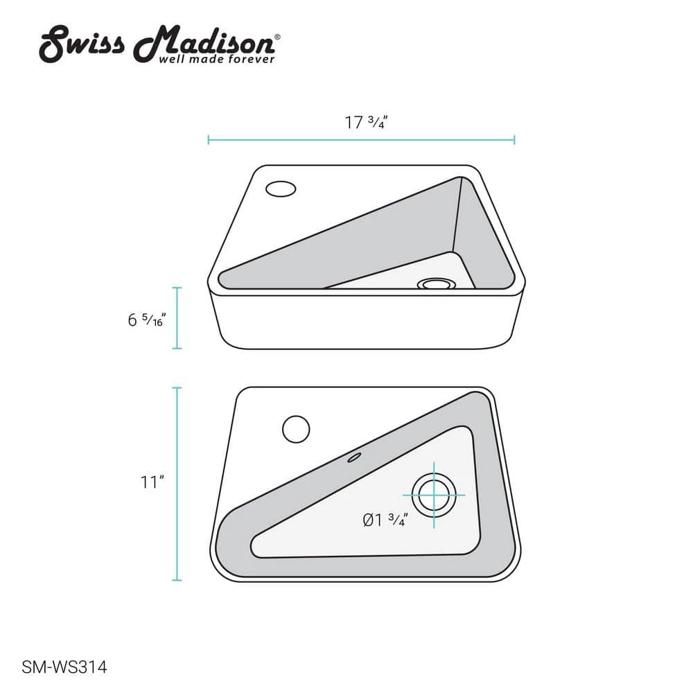 Swiss Madison Plaisir 18 in. x 11 in. Ceramic Wall Hung Vessel Sink with Left Side Faucet Mount in White 12 Swiss Madison Plaisir 18 in. x 11 in. Ceramic Wall Hung Vessel Sink with Left Side Faucet Mount in White - Image 10