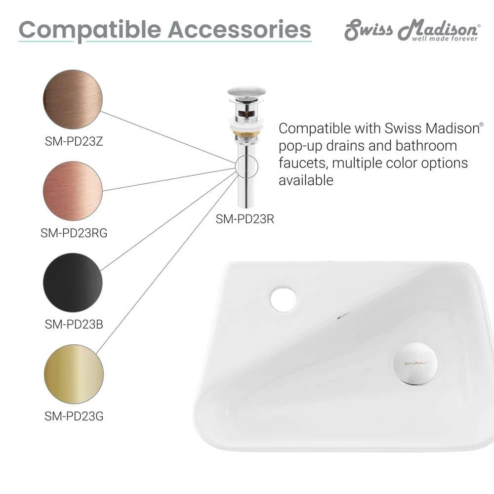 Swiss Madison Plaisir 18 in. x 11 in. Ceramic Wall Hung Vessel Sink with Left Side Faucet Mount in White 10 Swiss Madison Plaisir 18 in. x 11 in. Ceramic Wall Hung Vessel Sink with Left Side Faucet Mount in White - Image 8