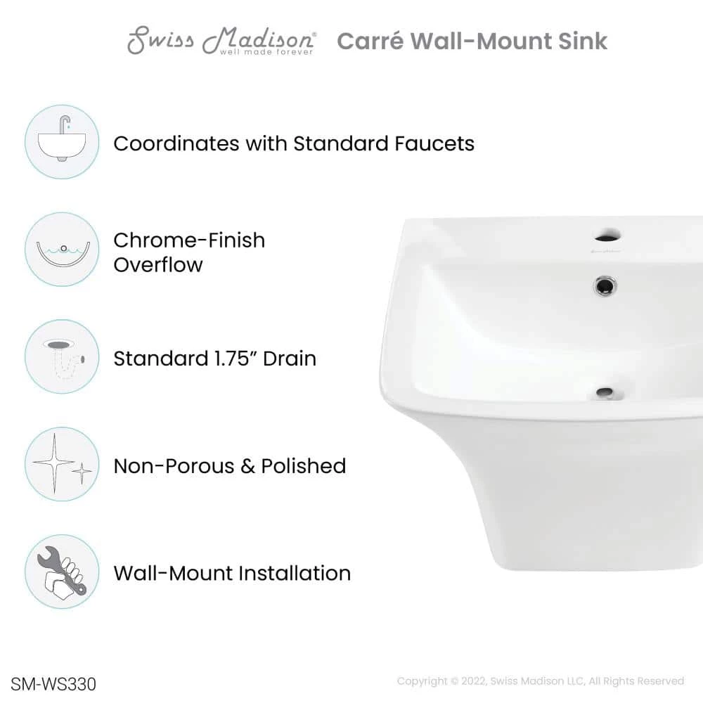 Swiss Madison Carre Ceramic Wall Mount Bathroom Sink in Glossy White 9 Swiss Madison Carre Ceramic Wall Mount Bathroom Sink in Glossy White - Image 7