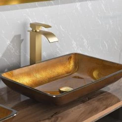 WELLFOR Gold Glass Rectangular Vessel Sink with Single Hole Faucet and Pop-Up Drain -Bathroom Sinks Sales gold vessel sinks wa137 bg05 31 1000