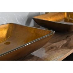 WELLFOR Gold Glass Rectangular Vessel Sink with Single Hole Faucet and Pop-Up Drain -Bathroom Sinks Sales gold vessel sinks wa137 bg05 fa 1000