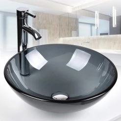 Puluomis Gray Glass Round Vessel Sink with Faucet Pop Up Drain Set -Bathroom Sinks Sales gray puluomis vessel sinks usbg003 31 1000