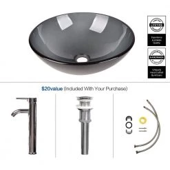 Puluomis Gray Glass Round Vessel Sink with Faucet Pop Up Drain Set -Bathroom Sinks Sales gray puluomis vessel sinks usbg003 44 1000