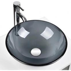 Puluomis Gray Glass Round Vessel Sink with Faucet Pop Up Drain Set -Bathroom Sinks Sales gray puluomis vessel sinks usbg003 4f 1000