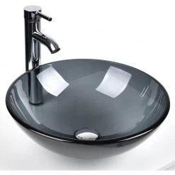 Puluomis Gray Glass Round Vessel Sink with Faucet Pop Up Drain Set