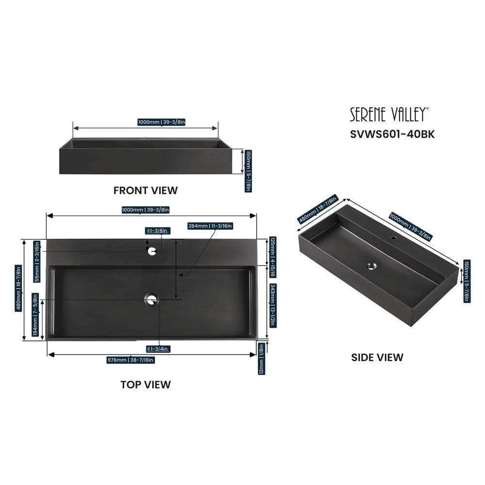 SERENE VALLEY Bathroom Sink, Wall-Mount Install or On Countertop, 40 in. with Single Faucet Hole 7 SERENE VALLEY Bathroom Sink, Wall-Mount Install or On Countertop, 40 in. with Single Faucet Hole - Image 5