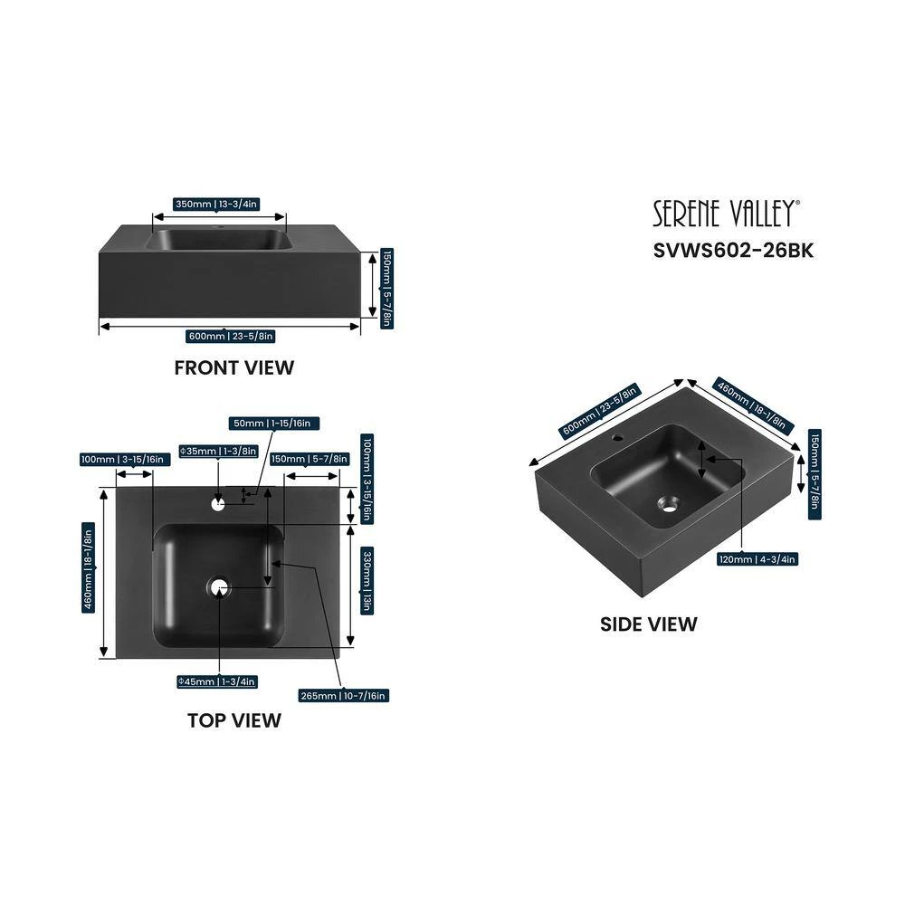 SERENE VALLEY 26 in. Wall-Mount Install or On Countertop Bathroom Composite Sink with Single Faucet Hole in Matte Black 8 SERENE VALLEY 26 in. Wall-Mount Install or On Countertop Bathroom Composite Sink with Single Faucet Hole in Matte Black - Image 6
